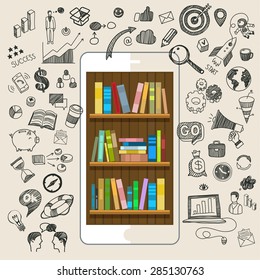 Concept of online education. E-learning science with smartphone like bookshelves. Flat design, vector illustration