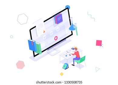 Concept online education, graduation, e-learning. Isometric student sitting at the table solving the test in front of monitor with training videos, diploma and other elements of online learning.