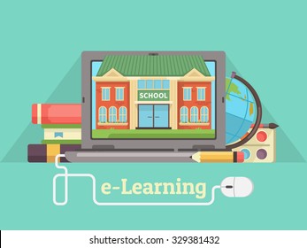 Concept online education.  Illustration or banner with laptop, school building, book, globe, paint. Vector flat design