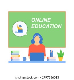 The concept of online education, learning, courses, video tutorials. Vector  flat illustration for website banner, marketing material, presentation template, online advertising.