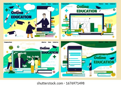 Concept of online education on hand drawn educational vector illustration. Boys, girls get diploma, read book online. Student e-learning distance, infographic, formulas on internet blackboard.