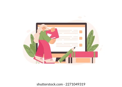 Concept Online education with people scene in the flat cartoon style. Girl want to watch educational videos to gain new knowledge. Vector illustration.