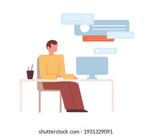 Concept of online education. Student at internet training or webinar. Scene with man sitting at computer, studying or working. Colored flat vector illustration isolated on white background
