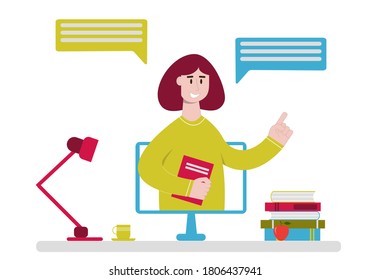 Concept of online education, studying and homeschooling. Online teacher speaking from computer monitor. Pupil's or student's home workplace. Vector illustration in flat style