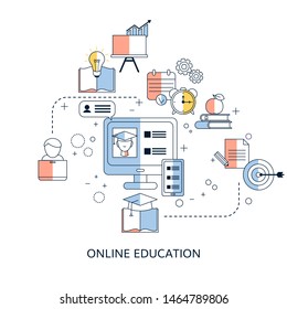 Concept of online education. Online training courses, university studies. Vector illustration.