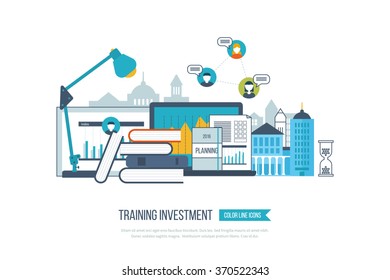 Concept of online education, online training courses, university, tutorials. School and university building icon. Investment in education. Strategy of successful learning. Urban landscape. 