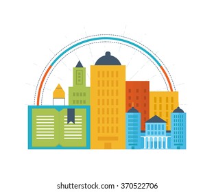 Concept of online education, online training courses, university, tutorials. School and university building icon. Investment in education. Strategy of successful learning. Urban landscape. 