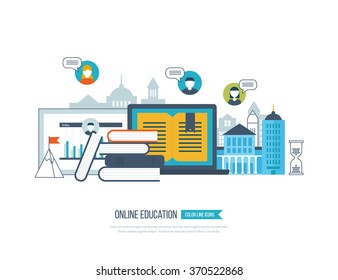 Concept of online education, online training courses, university, tutorials. School and university building icon. Investment in education. Strategy of successful learning. Urban landscape. 