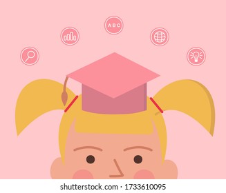 Concept online education. Vector illustration of little girl in education hat