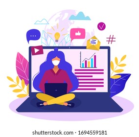 Concept of online education or work from home  during covid - 19 outbreak modern vector illustration. Remote work concept