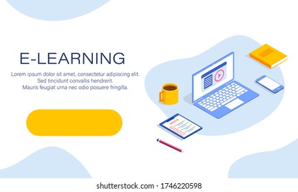 Concept for online education.Flat design concept of education, training and courses, learning.  E-learning, online education at home. Vector.
