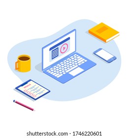 Concept for online education.Flat design concept of education, training and courses, learning.  E-learning, online education at home. Vector.
