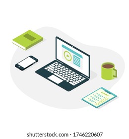 Concept for online education.Flat design concept of education, training and courses, learning.  E-learning, online education at home. Vector.

