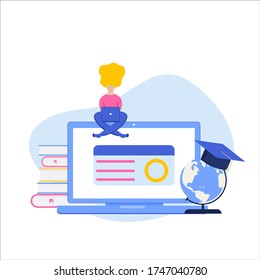 Concept for online education.Flat design concept of education, training and courses, learning.  E-learning, online education at home. Vector.