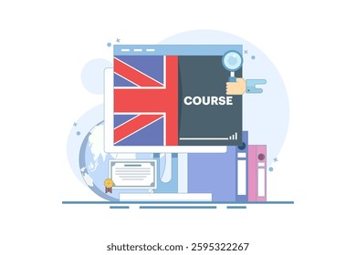 Concept of online English education courses, e-learning and distance learning, foreign language lessons education on the internet, digital marketing. Flat vector illustration on the background.