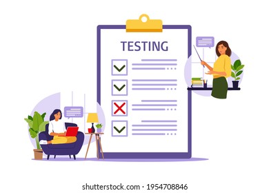 Concept of online exam on internet. Woman sitting near online form survey on laptop. Questionnaire, web learning, electronic voting. Vector illustration.