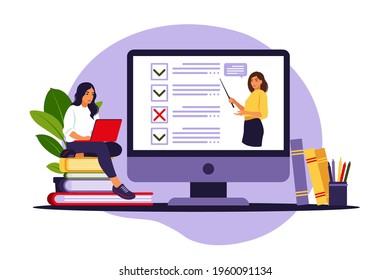 Concept of online exam on internet. Woman sitting near online form survey on laptop. Questionnaire, web learning, electronic voting. Vector illustration.