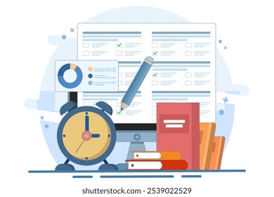 Concept of online exam on smartphone or computer. Online exam, opinion checklist, online education, questionnaire form, survey metaphor, answer internet quiz. Flat vector illustration.