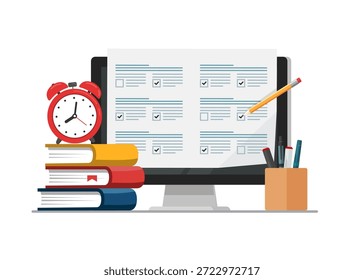 Concepto de examen en línea en el teléfono inteligente o la computadora. Examen en línea, lista de verificación de opinión, educación en línea, formulario de cuestionario, metáfora de la Encuesta, responder a cuestionario de Internet. ilustración de stock