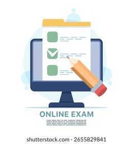 Concept of online exam, exam preparation, school exam, checklist and pencil, choosing answers, questionnaire form, doing exam, flat vector illustration on background.