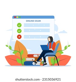 Concept of online exam, online survey, testing, e-learning. woman writing university exam on laptop. Students take remote tests. Vector illustration in flat design for UI, banner, landing page.