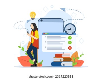 Concept of online exam, online survey, testing, e-learning. A man takes university exams remotely and temporarily. Student written test. Vector illustration in flat design for UI, banner, mobile app.