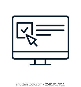 Concept of online exam, survey. Vector linear icon isolated on white background