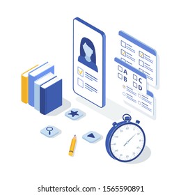 Concept of online exam, online testing, questionnaire form, online education, survey, internet quiz. Isometric vector illustration.