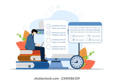 Concept of online exam, online testing, questionnaire form, online education, survey, internet quiz. Modern illustration in flat style for landing page, mobile app, poster, banner, template, web.