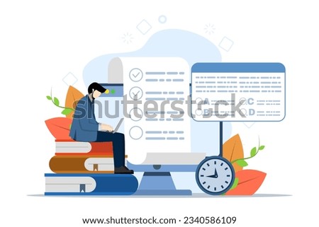 Concept of online exam, online testing, questionnaire form, online education, survey, internet quiz. Modern illustration in flat style for landing page, mobile app, poster, banner, template, web.