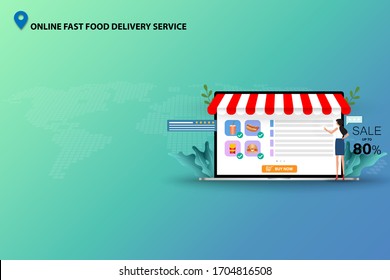 Concept of online fast food delivery service, young woman standing in front of laptop to order fast food (sparkling water, hotdog, hamburger and french fries) in blue green shade color background.
