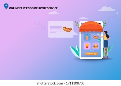 Concept of online fast food delivery service, young woman touching the screen of smartphone to read the details of hot dog with mustard and order from the application on the mobile phone.