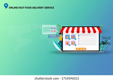 Concept of online fast food delivery service, young man standing near laptop to order fast food (sparkling water, hotdog, hamburger and french fries) in blue green shade color background.