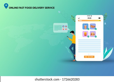 Concept of online fast food delivery service, young man standing near tablet to order fast food (sparkling water, hotdog, hamburger and french fries) in blue green shade color background.