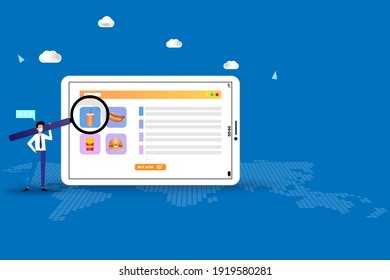 Concept of online fast food delivery service, young man hold a big magnifier and focus on a big screen of tablet to order fast food (sparkling water, hot dog, hamburger and french fries).