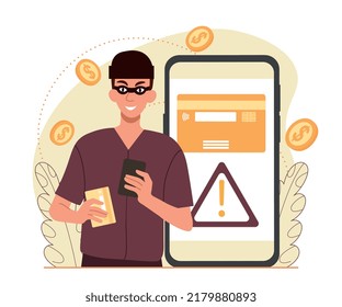 Concept Of Online Fraud. Scam And Cybercrime On Internet. Theft Of Personal Data. Masked Man Holds Bank Card And Wallet In His Hands. Cheating Through Mobile App. Cartoon Flat Vector Illustration