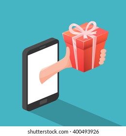 Concept of Online Gift by Smartphone. Vector illustration.
