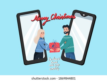 Concept of online gifts for Christmas, a guy sends a girl a gift online, People hand each other a gift box from smartphones, Holiday greeting over the phone, vector flat illustration.