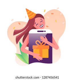 Concept for online gifts ordering and delivery service. Happy girl in a cap rejoices and hugs a smartphone because she received an online gift. Colorful vector illustration in flat cartoon style