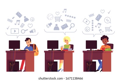 Concept of online learning for children and teens of different races, boys and girls study with computer. Online education of kids in class and at home. Isolated flat cartoon vector illustration set.