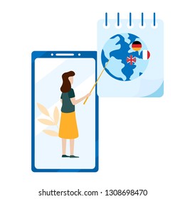 Concept of online learning, choice of language courses, exam preparation, home schooling. Mobile app. Flat vector illustration isolated on white background