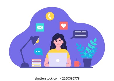 Concept of online learning, communication by video, in chats and by mail. The girl at the desk looks at the laptop screen. Vector image in flat cartoon style.