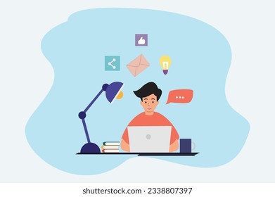 concept of online learning communication by video in chats and by email the guy at the desk looks at the laptop screen vector flat design vector illustration. students use laptop for studying