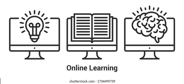 Concept of online learning. Computer with light bulb, open book and brain. Vector outline icon with editable stroke