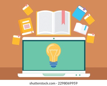 Concept of online learning. Computer with light bulb, open book and literature, self-study. Monitor screen with illuminating lightbulb and electronic library, get education, services to grow business