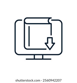 Concept online learning, download book to computer. Vector linear icon isolated on white background.