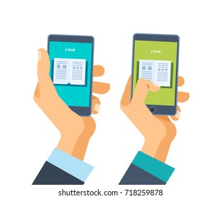 Concept of online learning and education, e-book. Hand holds phone with software with educational application. Distance learning. Mobile applications. Vector illustration isolated.