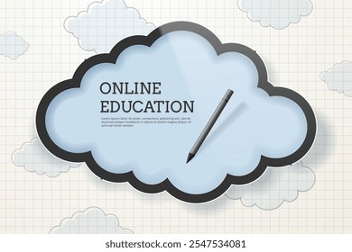 The concept of online learning at school. A cloud in the style of a tablet with a stylus on the background of a sheet of paper in a cage. Vector 3D Illustration.