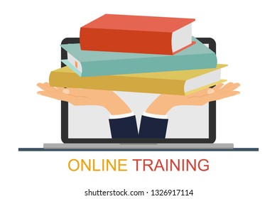The concept of online learning. Study over the Internet, online education. Learning by the webinar training. Vector illustration.