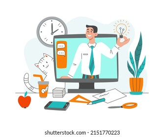 The concept of online learning. The teacher conducts a video lesson. Computer monitor. Idea. Flat vector illustration.
